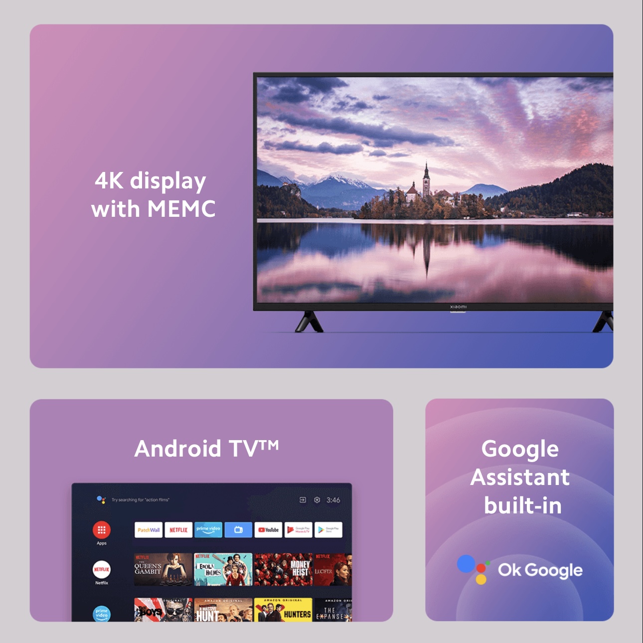 تلویزیون Xiaomi TV P1E 65 اینچ با فریم‌های بسیار نازک و طراحی شیک، دارای رزولوشن 4K UHD ، یک تراشه پردازش MEMC ویژه و و فناوری Dolby Vision®  است.